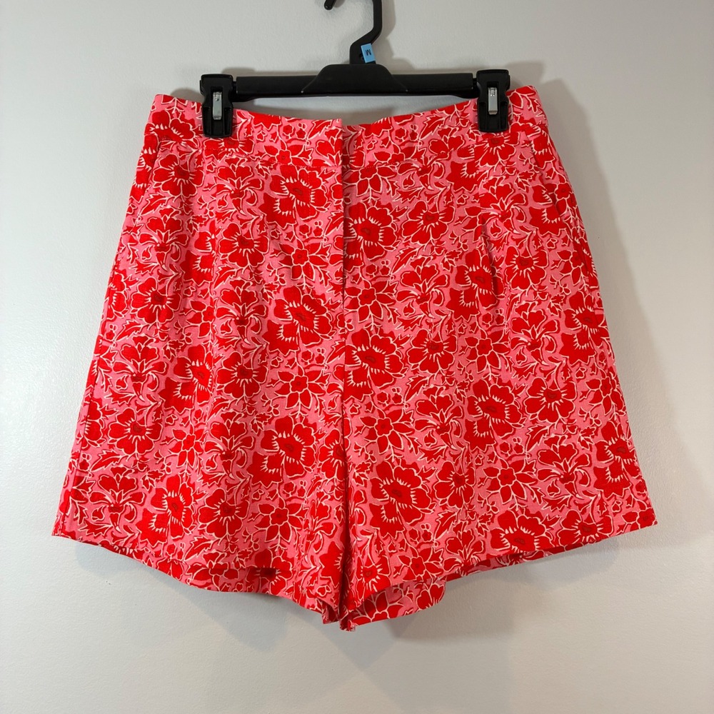 J. Crew Womens Floral Linen Blend Shorts Elastic Waist Casual Summer Red Pink 10